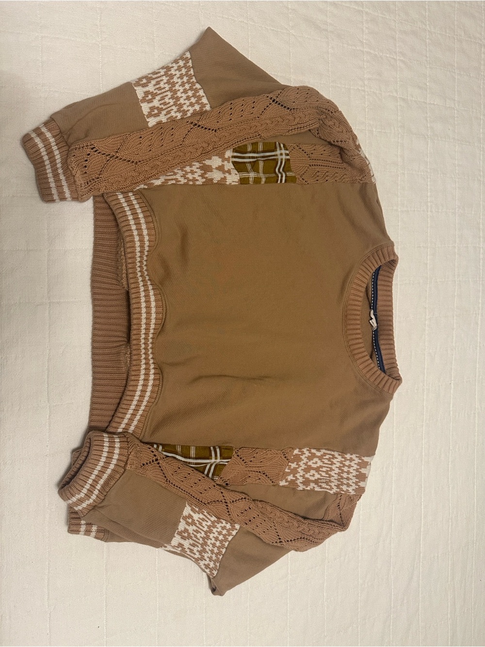 Pilcro Camel Pullover with Patterned Cable Knit and Patchwork Sleeves, XL - Picture 2 of 6